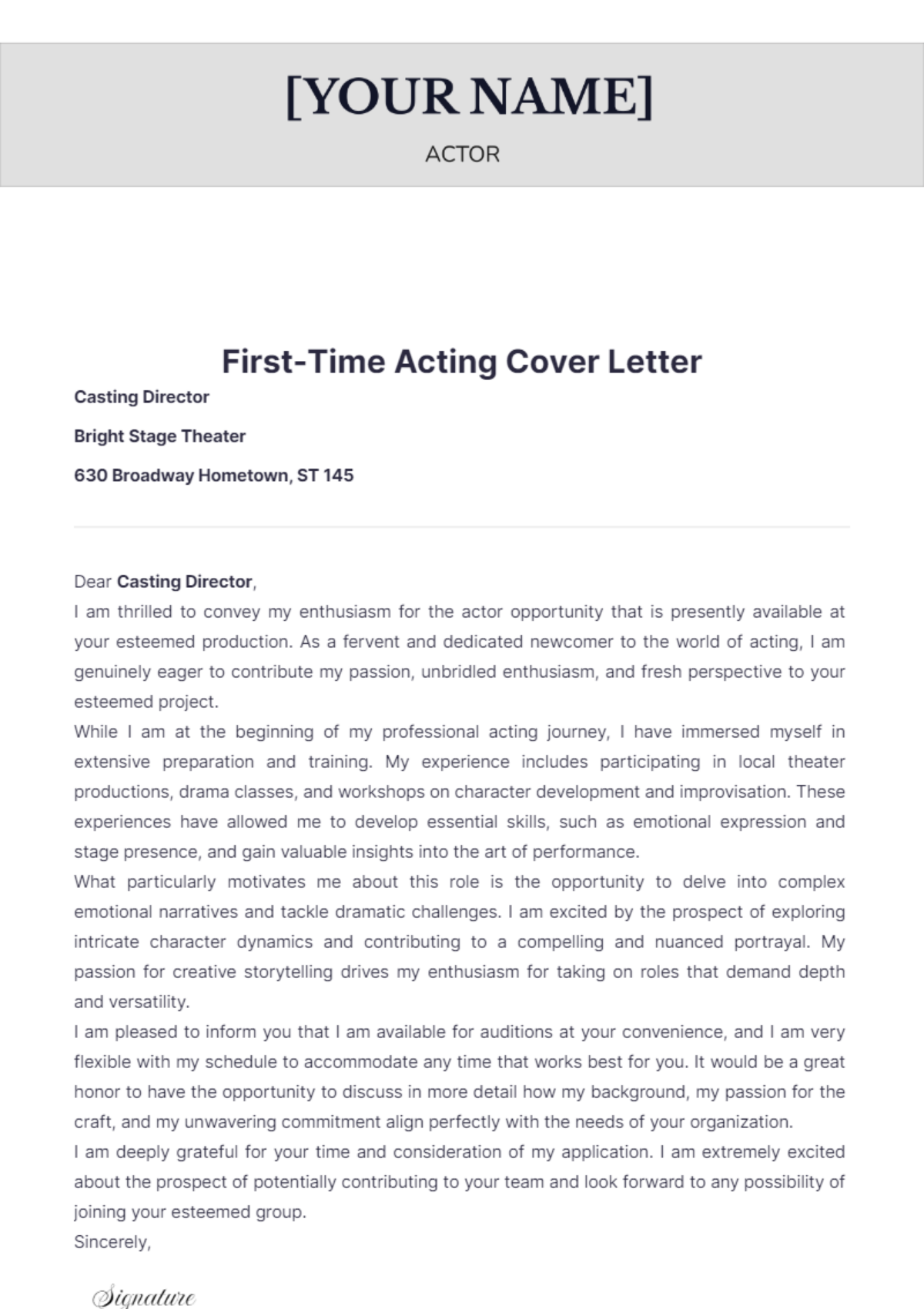 First Time Acting Cover Letter - Edit Online & Download