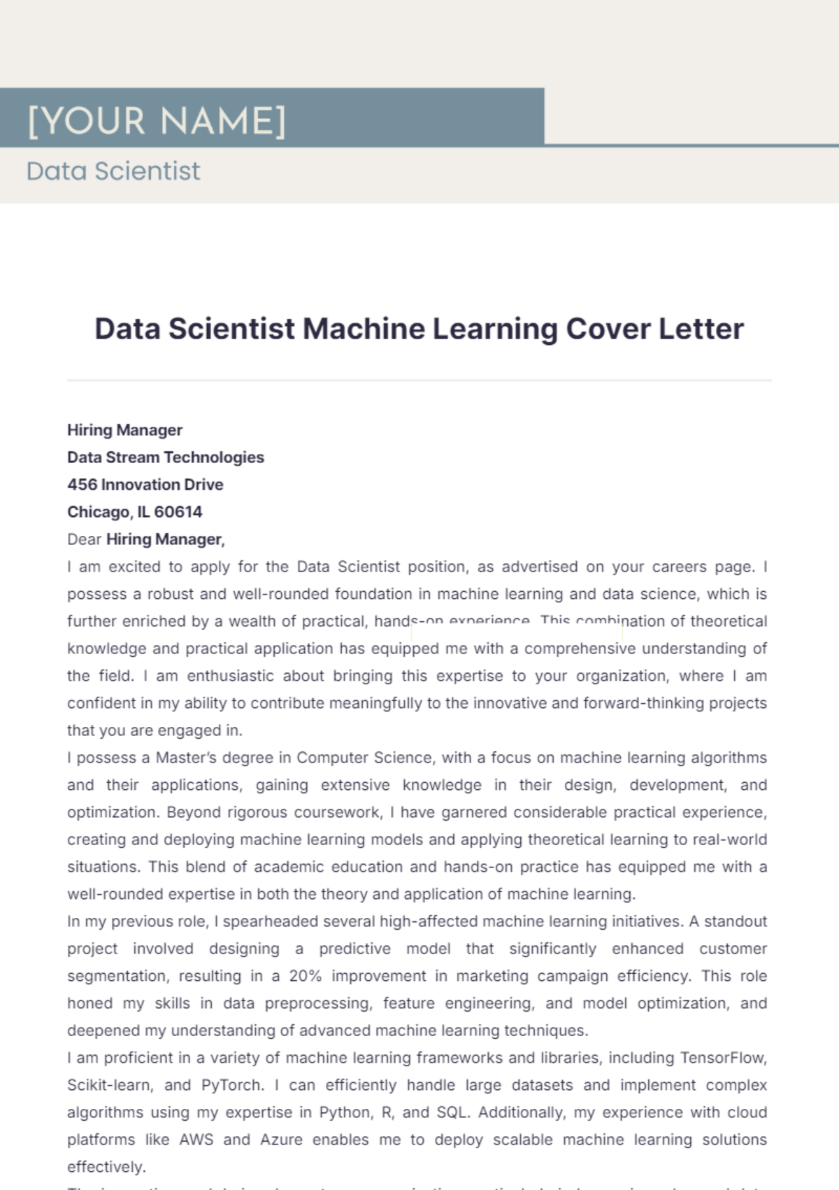 Data Scientist Machine Learning Cover Letter - Edit Online & Download