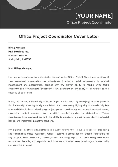 Free Office Project Coordinator Cover Letter to Edit Online