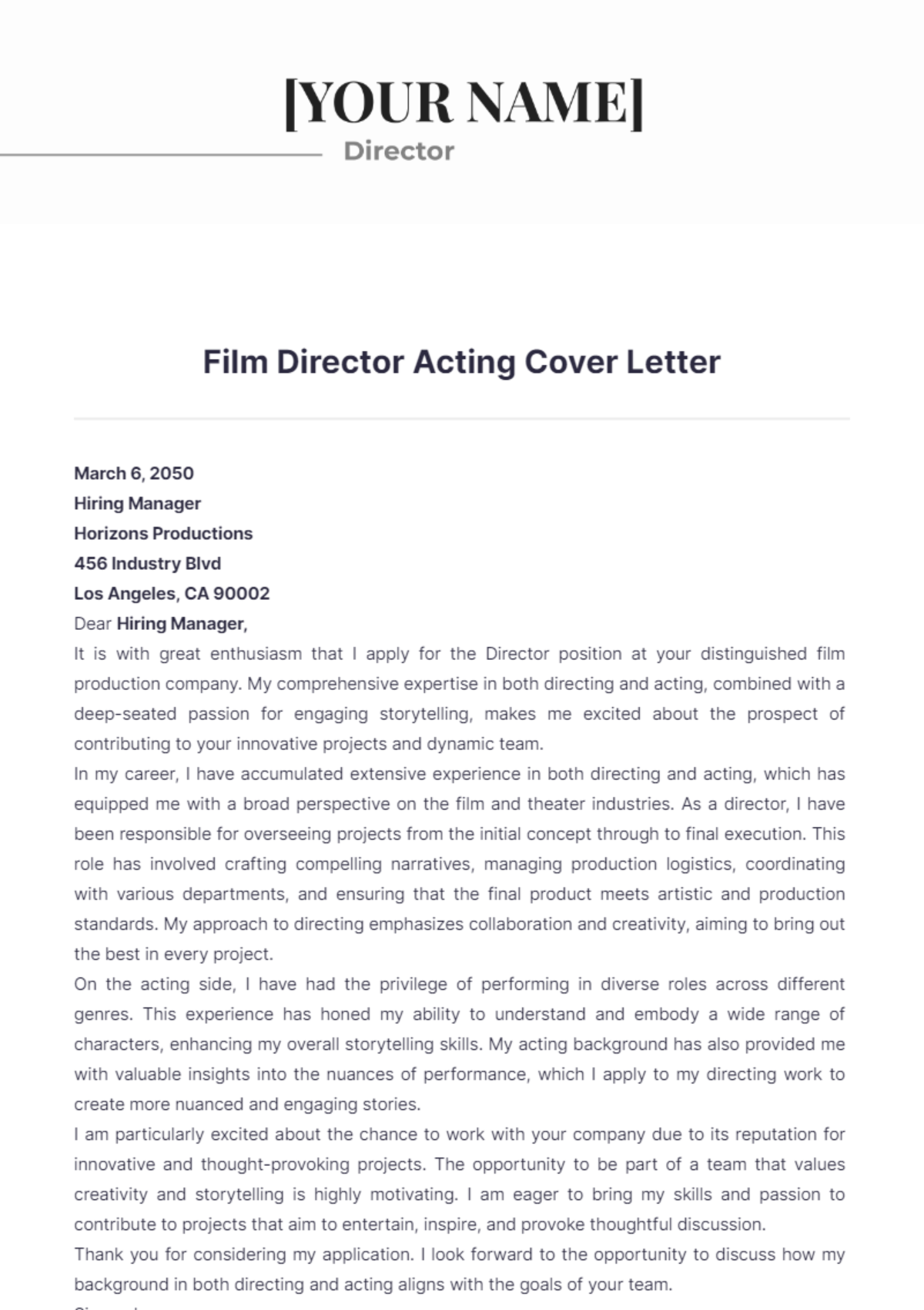 Film Director Acting Cover Letter - Edit Online & Download