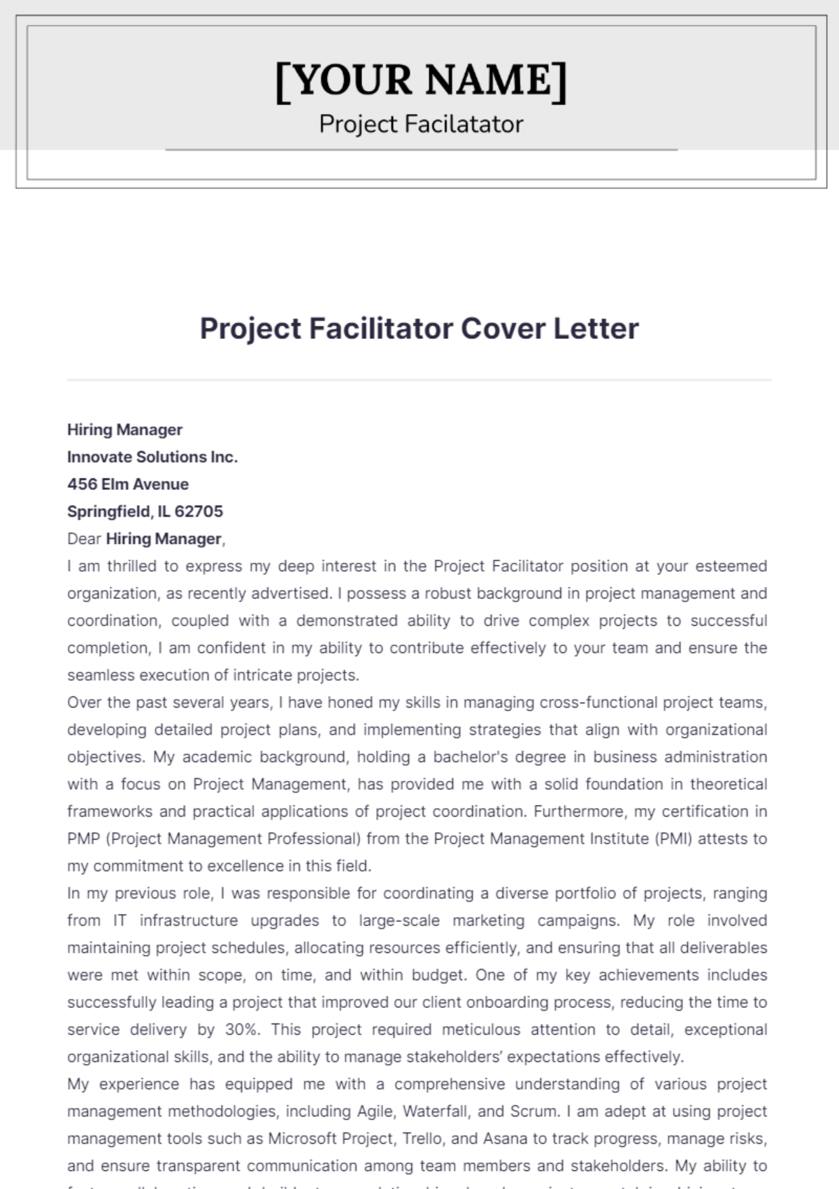 Project Facilitator Cover Letter - Edit Online & Download