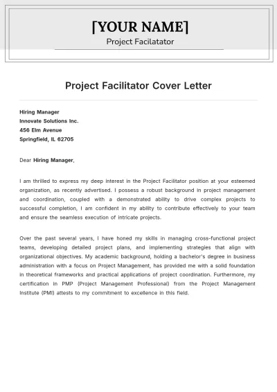 Free Project Facilitator Cover Letter to Edit Online