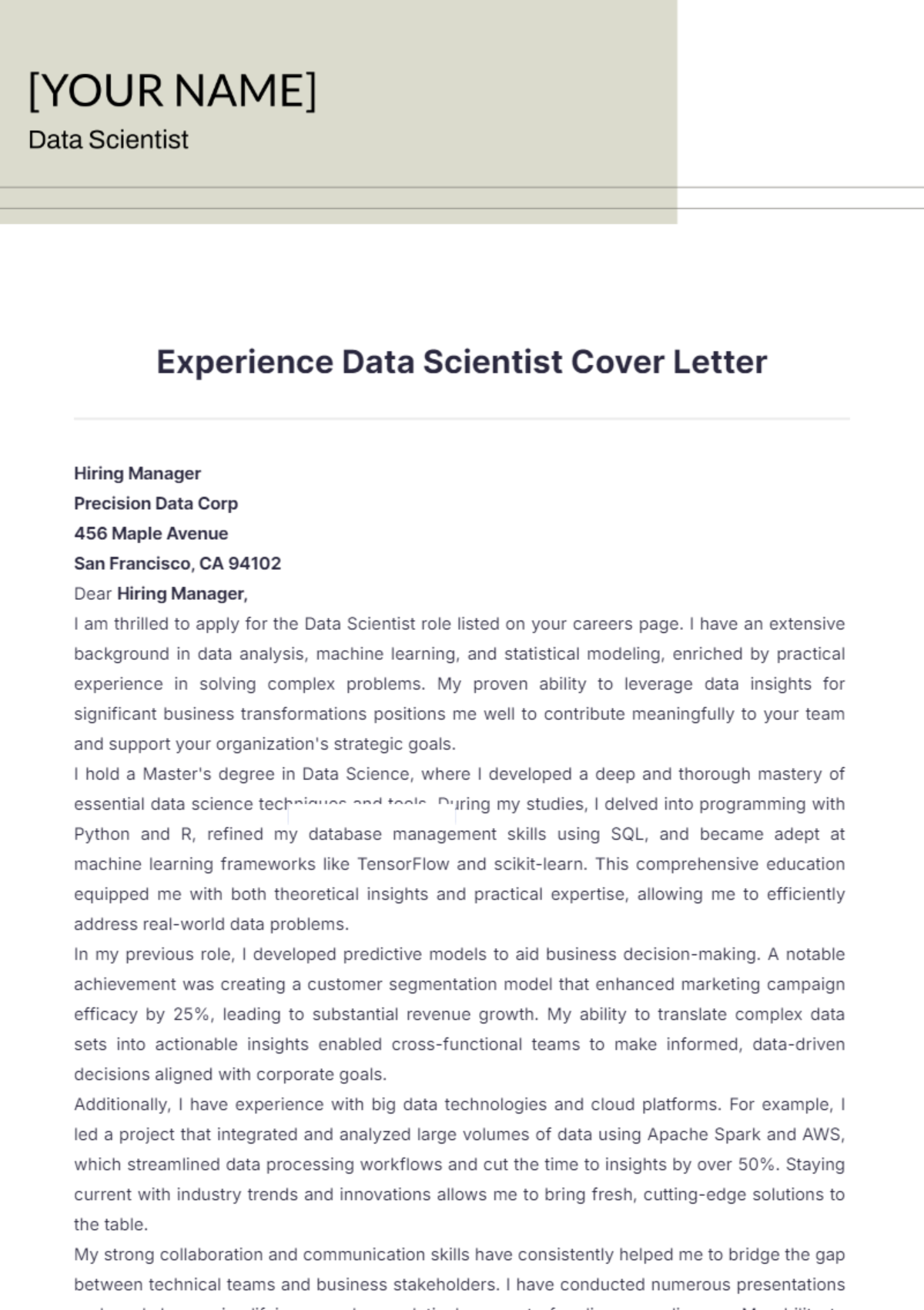 Experience Data Scientist Cover Letter - Edit Online & Download