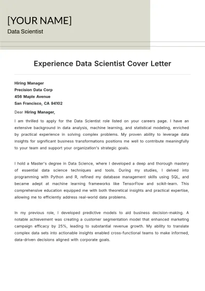 Free Experience Data Scientist Cover Letter to Edit Online