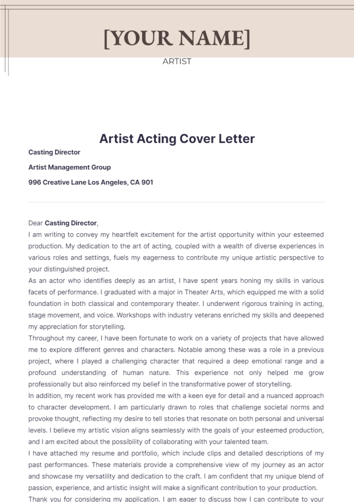 Artist Acting Cover Letter - Edit Online & Download