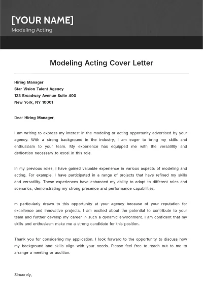 Free Modeling Acting Cover Letter to Edit Online