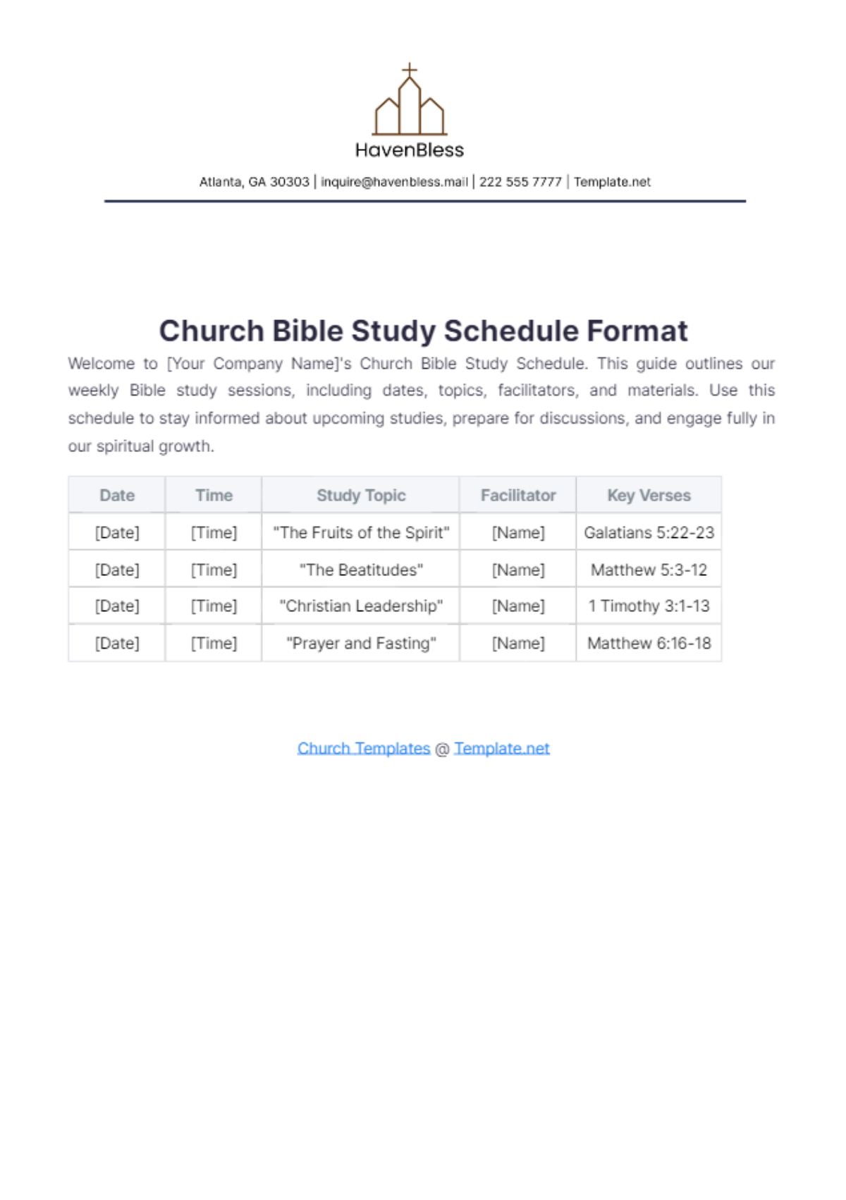 Church Bible Study Schedule Format Template