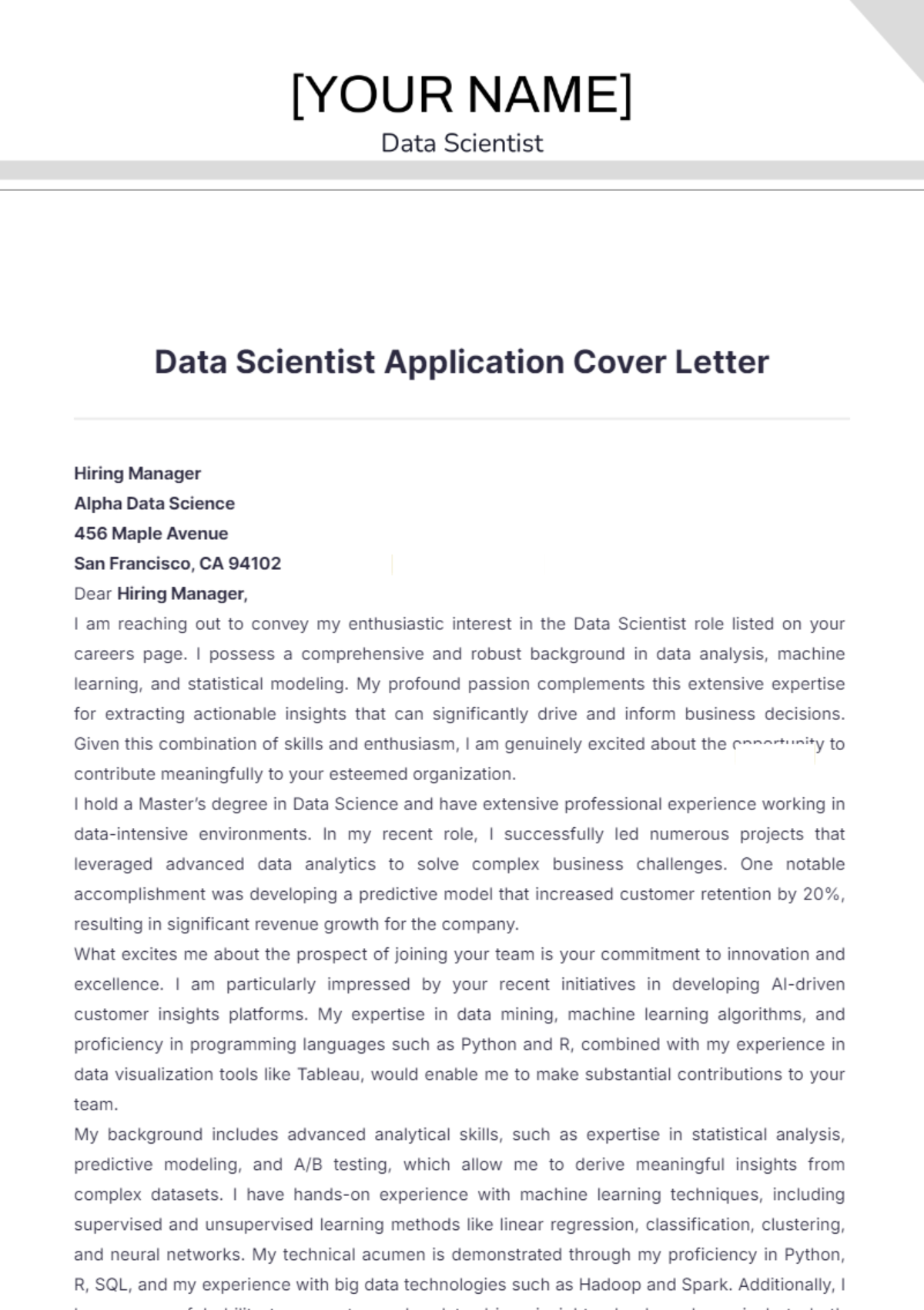 Data Scientist Application Cover Letter - Edit Online & Download