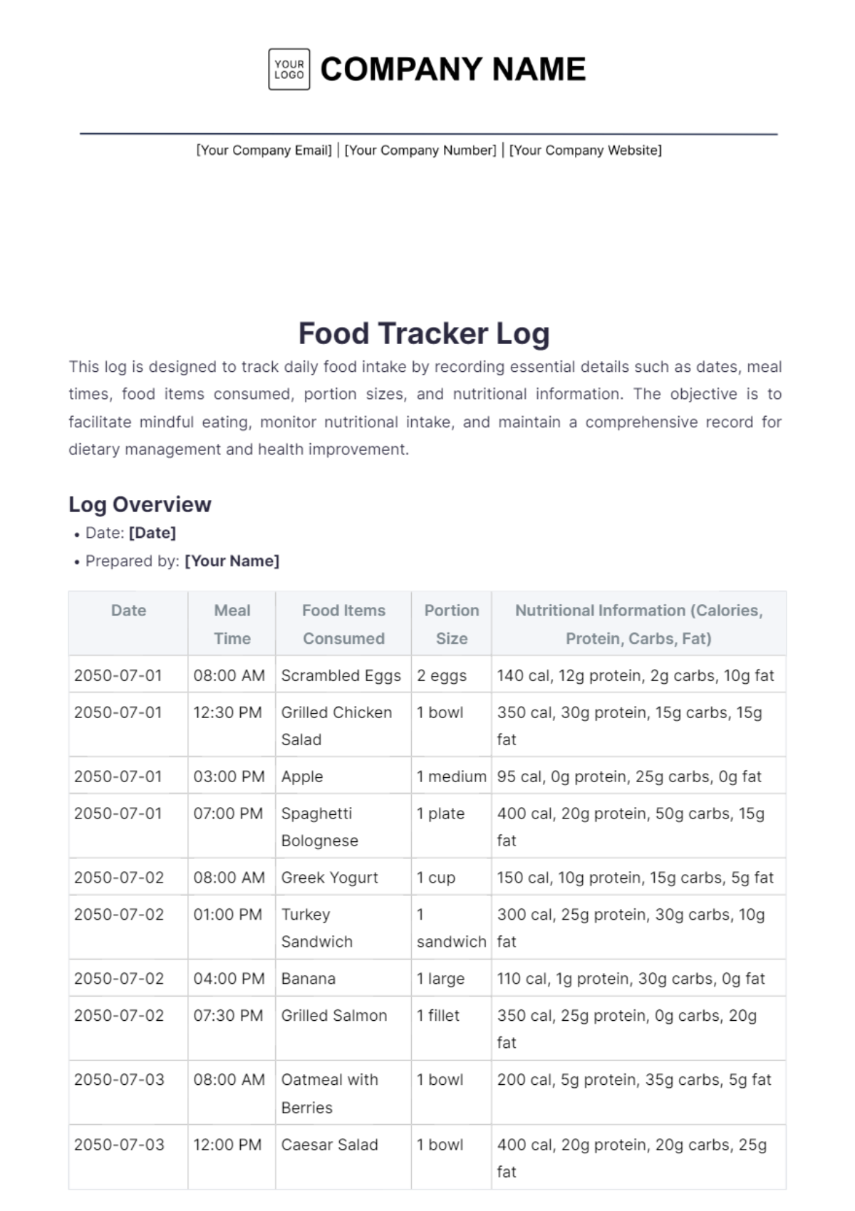 Food Tracker Log Template - Edit Online & Download