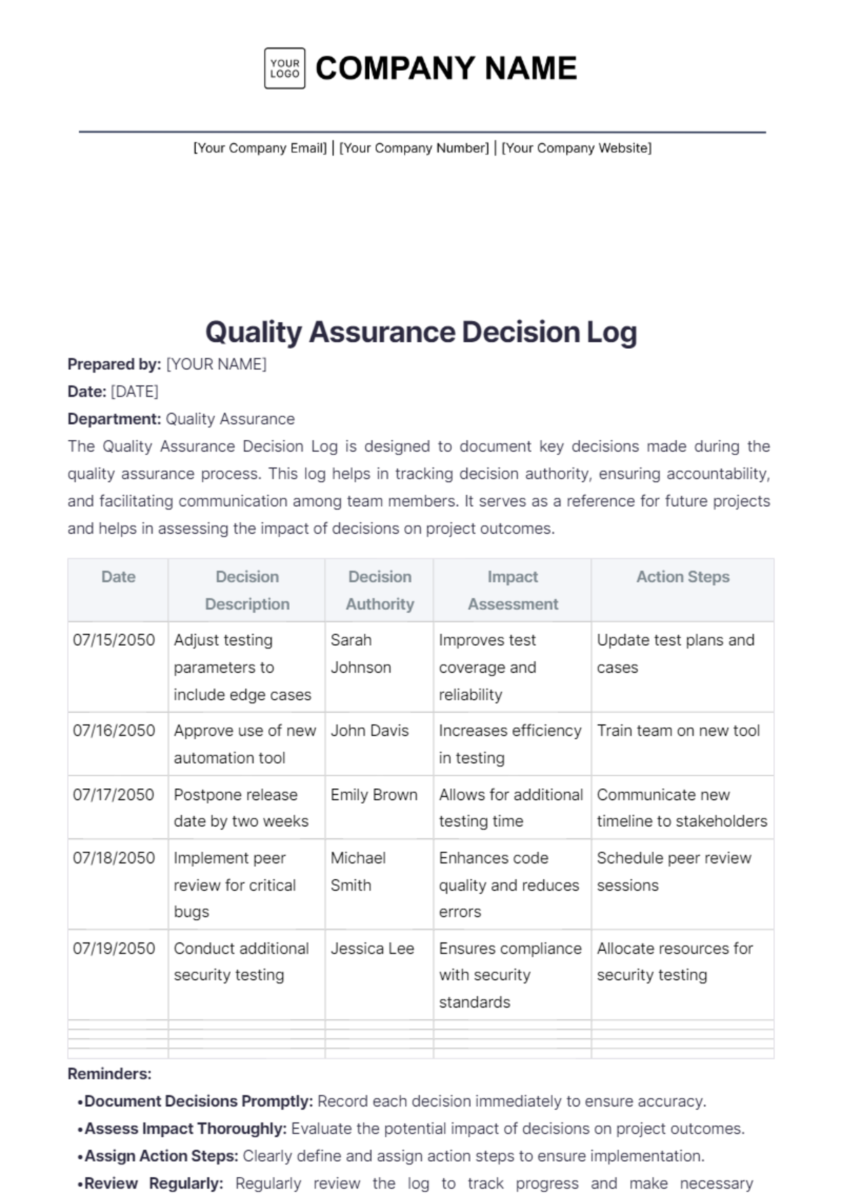 Quality Assurance Decision Log Template - Edit Online & Download