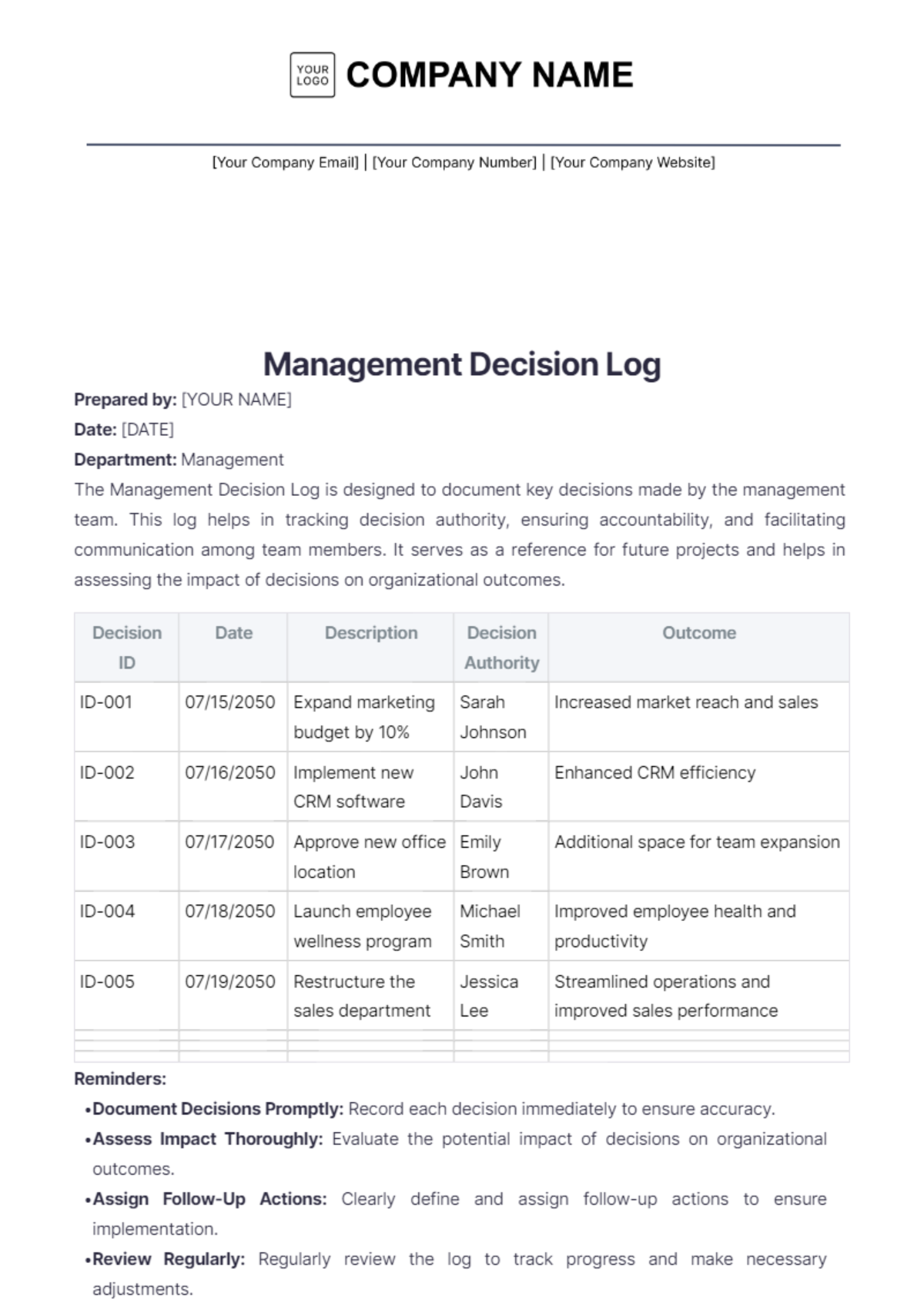 Management Decision Log Template - Edit Online & Download