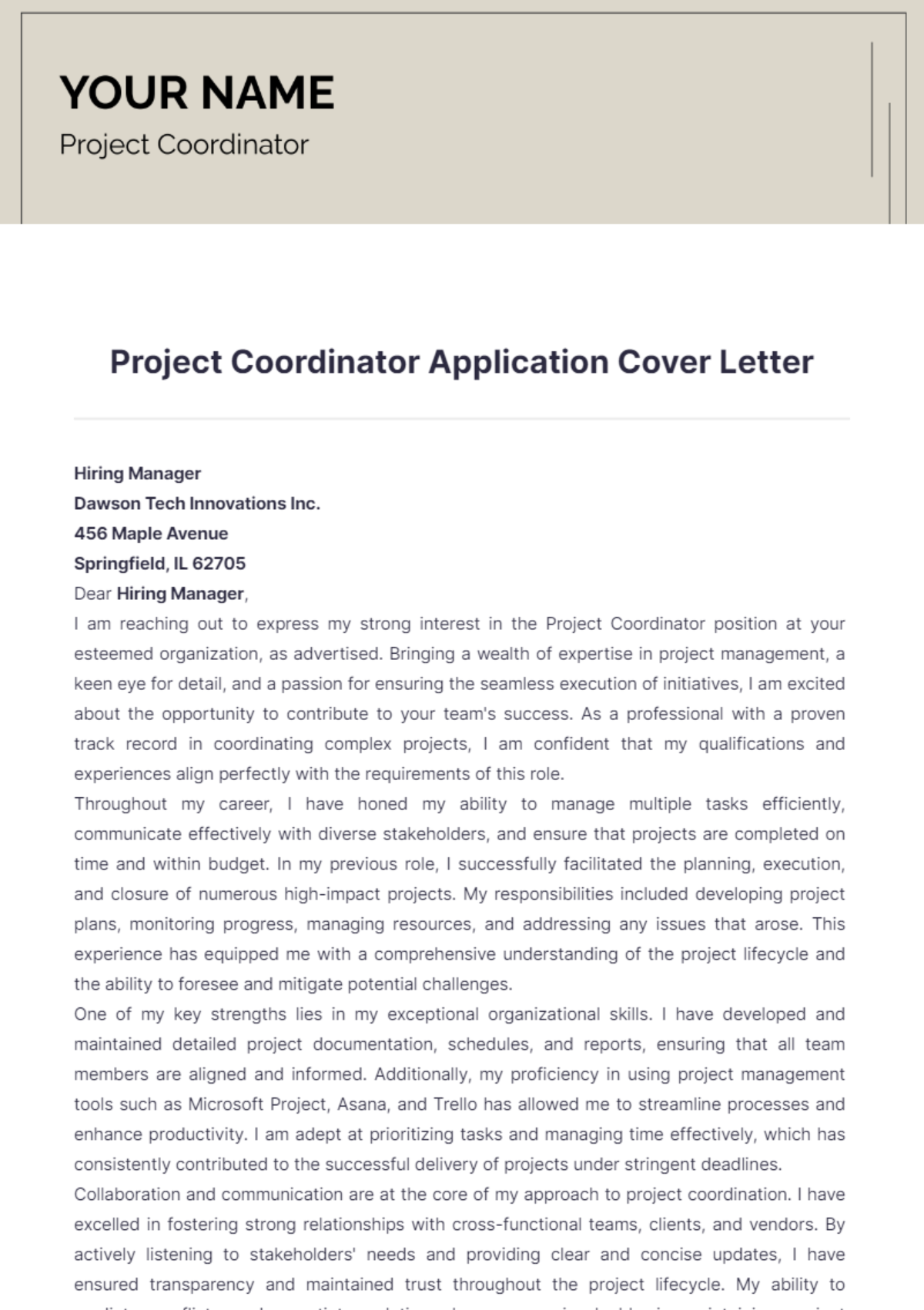 Project Coordinator Application Cover Letter - Edit Online & Download