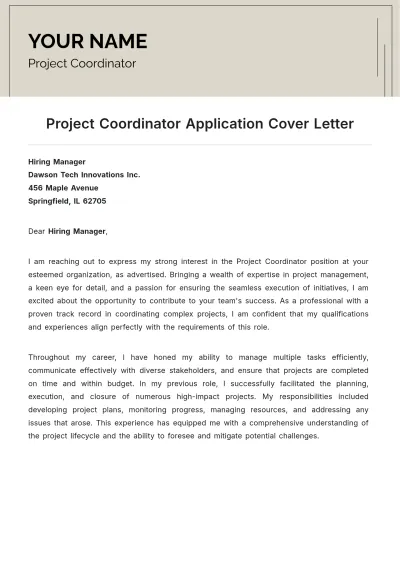 Free Project Coordinator Application Cover Letter to Edit Online