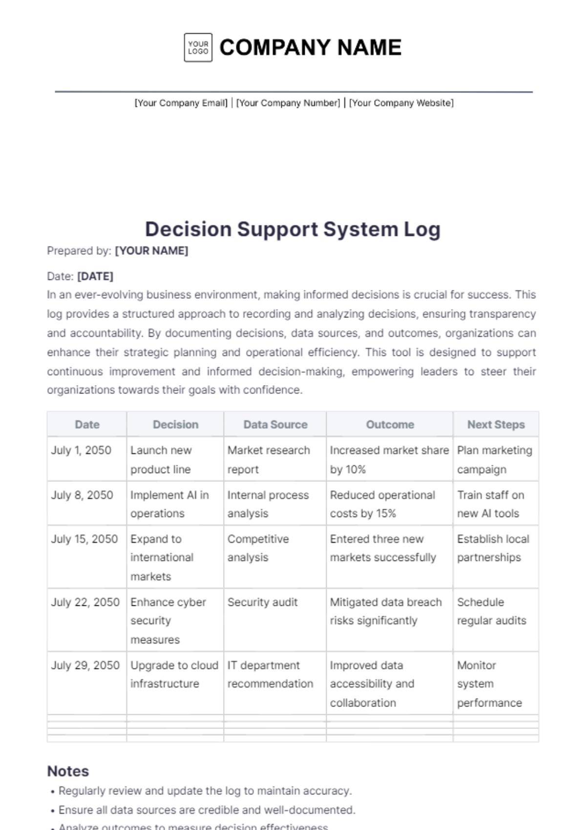 Decision Support System Log Template - Edit Online & Download