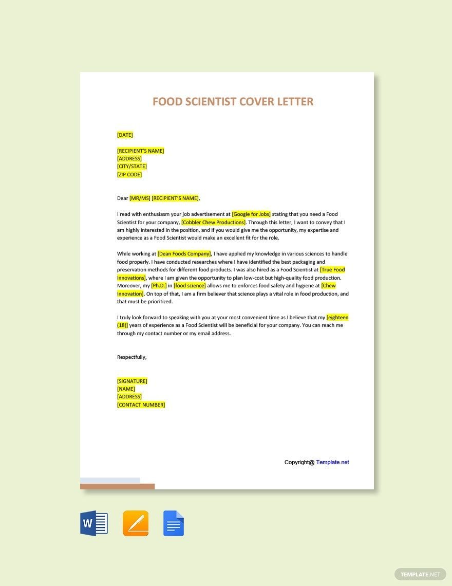 Free Food Scientist Cover Letter Template
