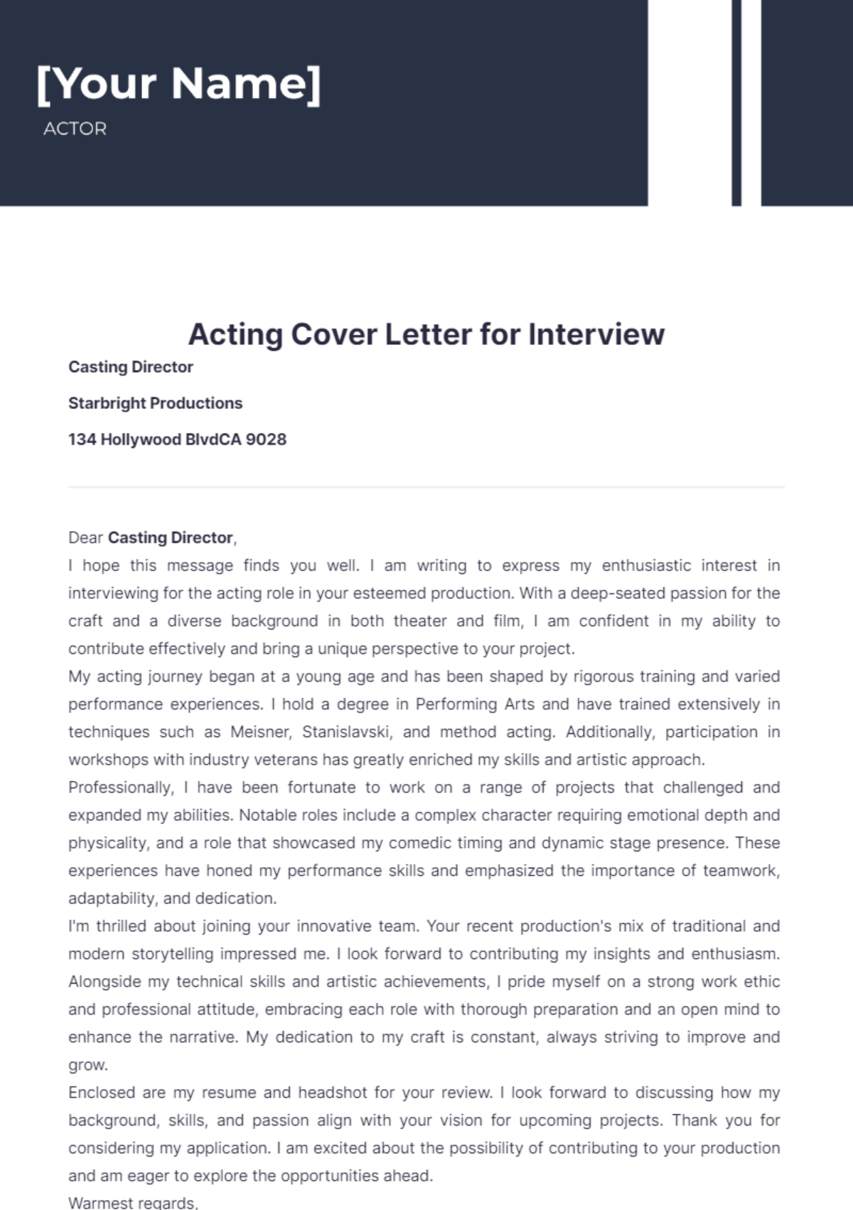 Acting Cover Letter for Interview - Edit Online & Download