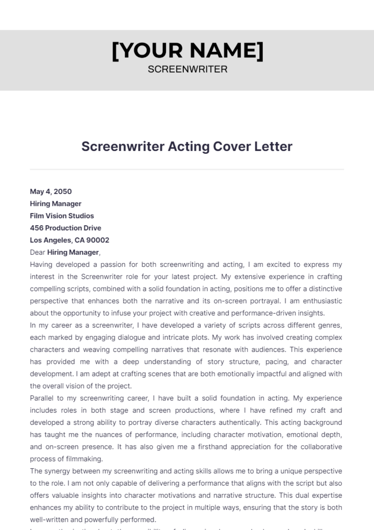 Screenwriter Acting Cover Letter - Edit Online & Download