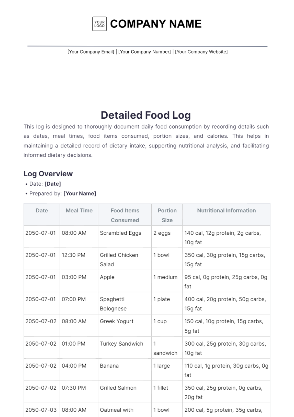 Free Food Log Templates, Editable and Printable