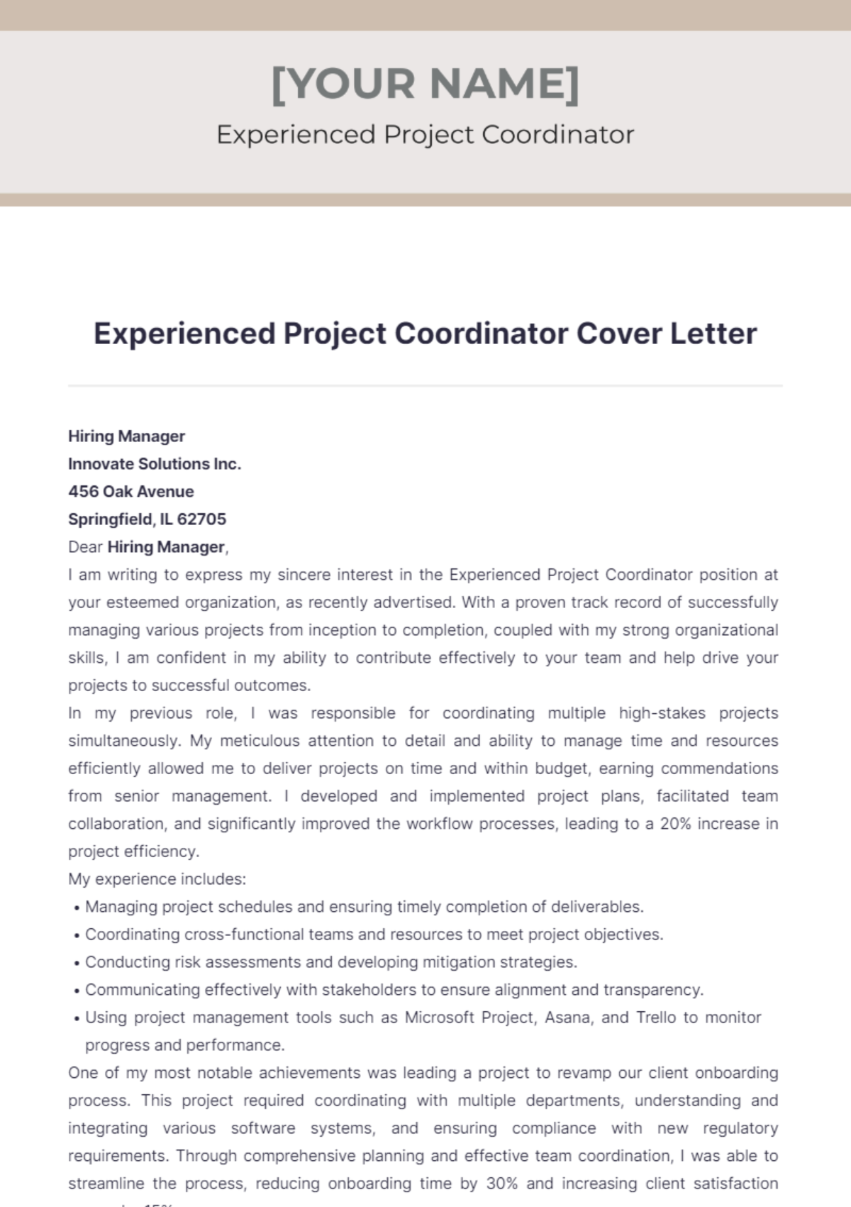 Experienced Project Coordinator Cover Letter - Edit Online & Download