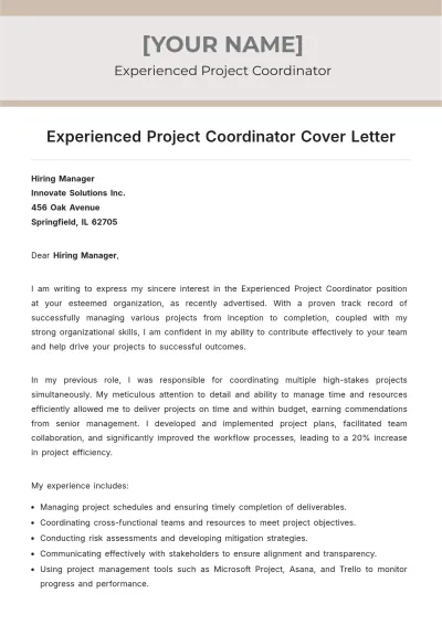 Free Experienced Project Coordinator Cover Letter to Edit Online