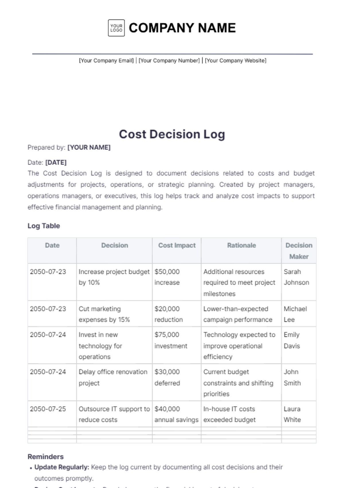 Cost Decision Log Template - Edit Online & Download