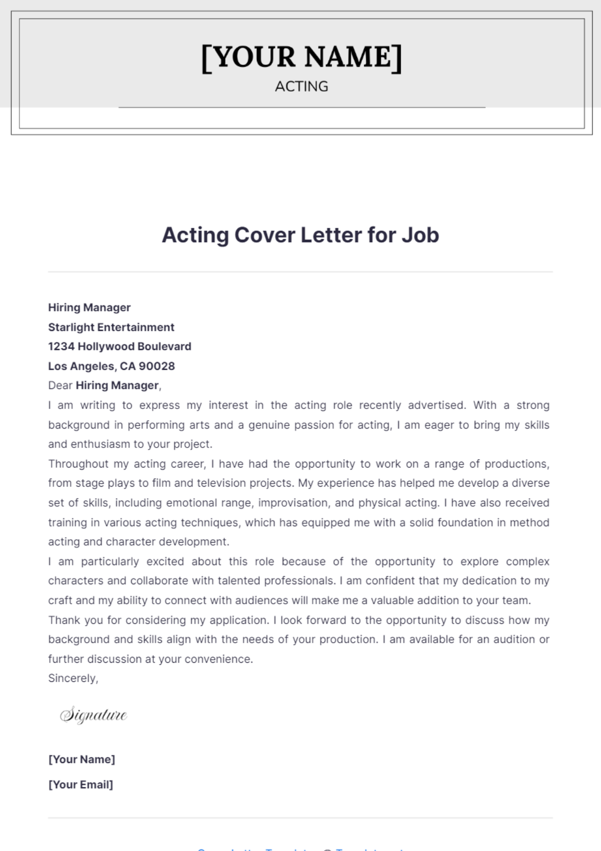 Acting Cover Letter for Job - Edit Online & Download