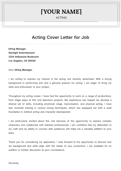 Free Acting Cover Letter for Job to Edit Online