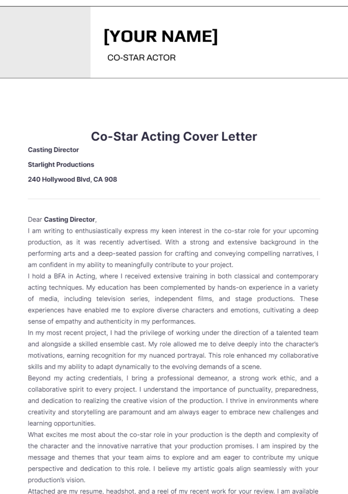 Co-Star Acting Cover Letter - Edit Online & Download