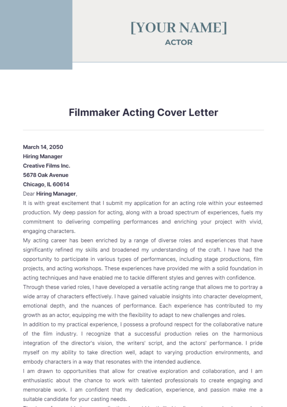 Filmmaker Acting Cover Letter - Edit Online & Download