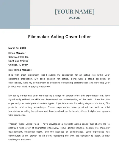 Free Filmmaker Acting Cover Letter to Edit Online