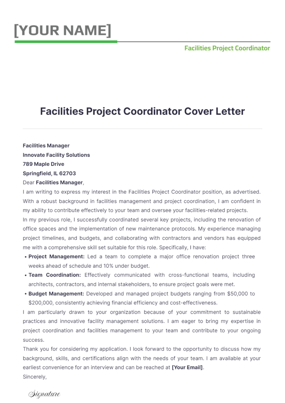 Facilities Project Coordinator Cover Letter - Edit Online & Download