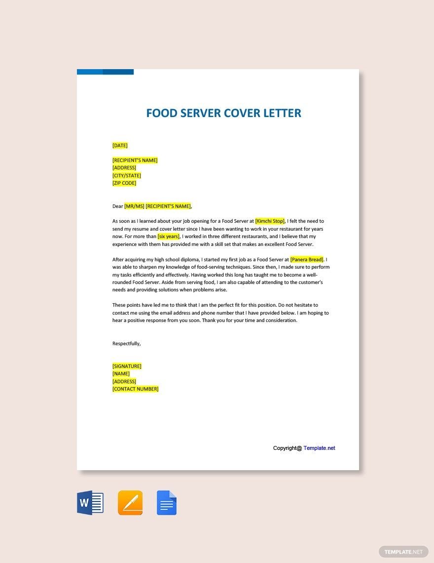 Food Server Cover Letter Template