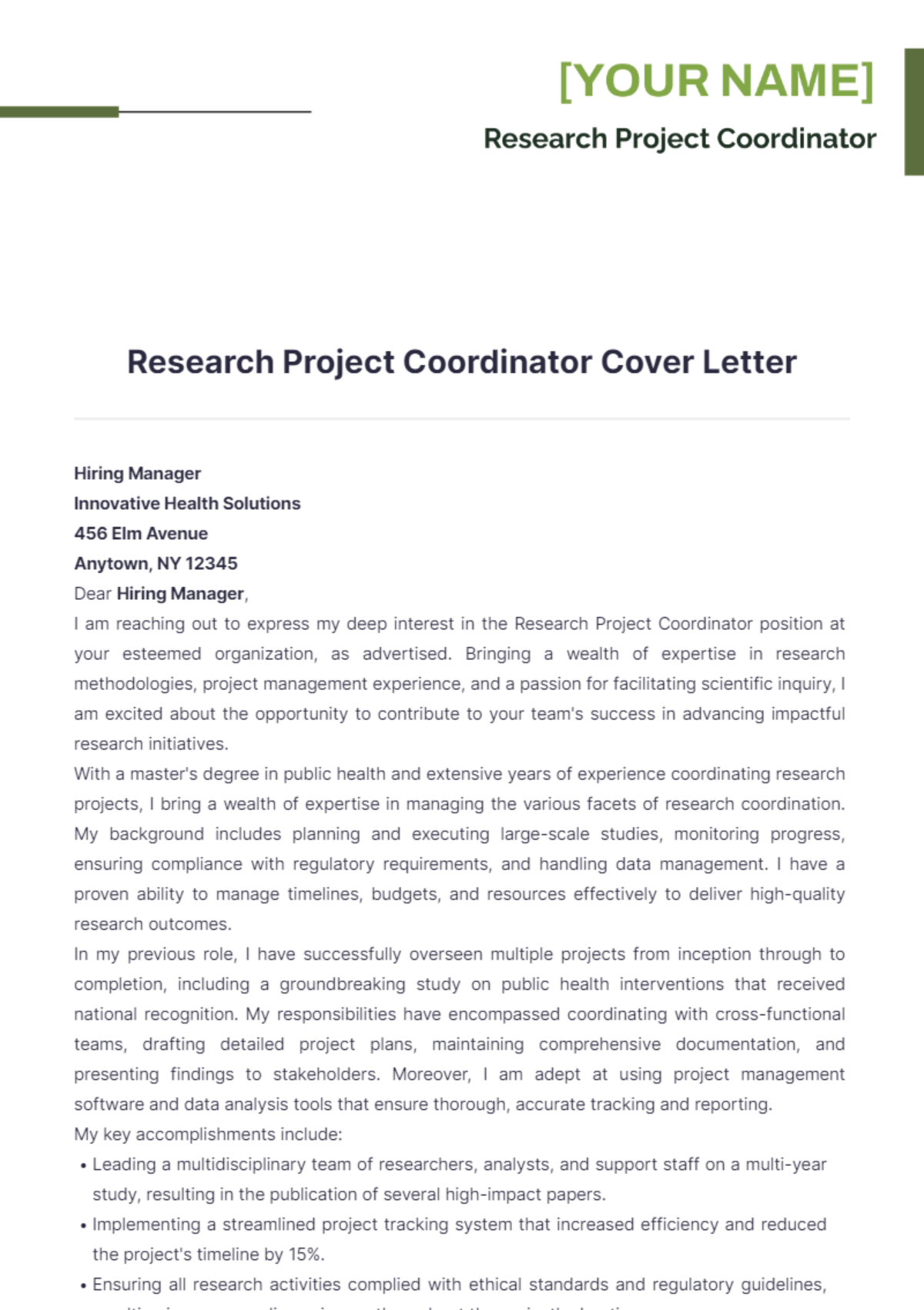 Research Project Coordinator Cover Letter - Edit Online & Download