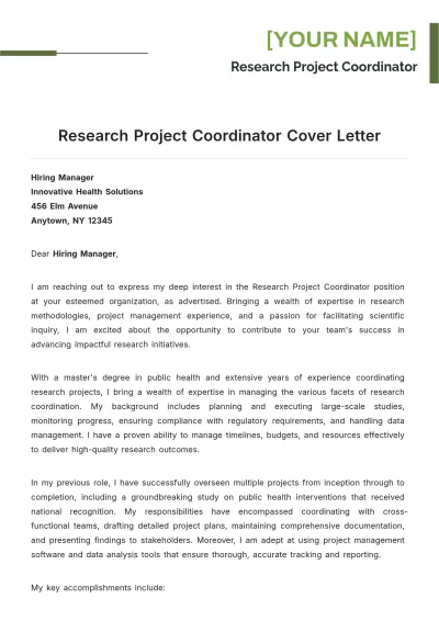 Free Research Project Coordinator Cover Letter to Edit Online