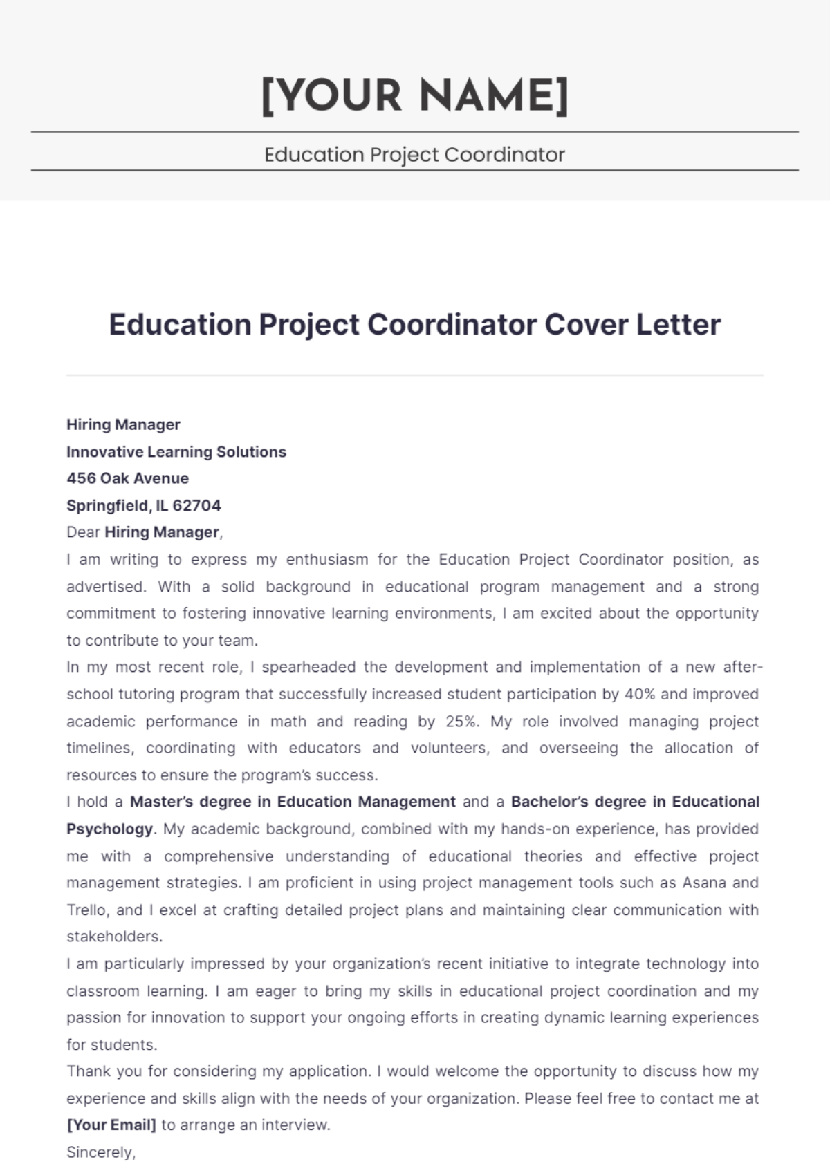 Education Project Coordinator Cover Letter - Edit Online & Download