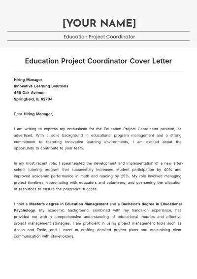 Free Education Project Coordinator Cover Letter to Edit Online