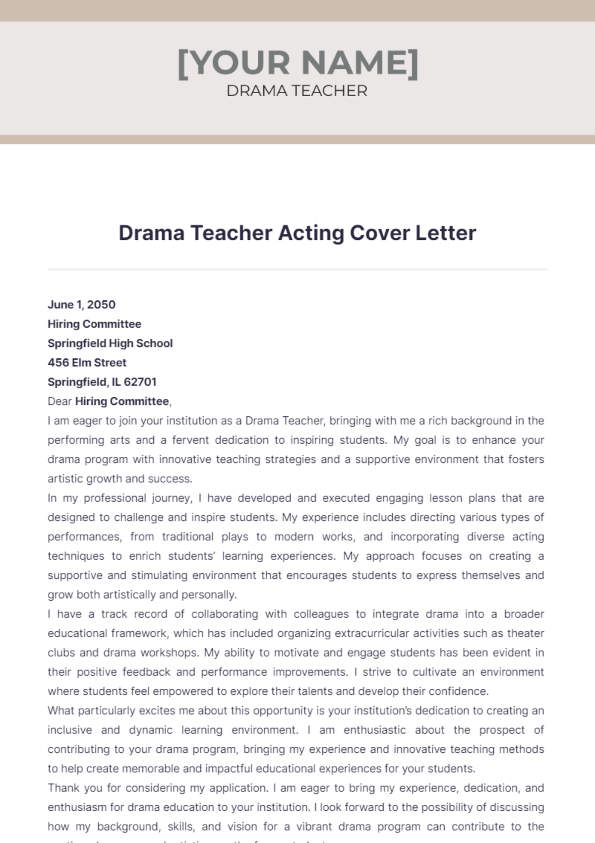 Drama Teacher Acting Cover Letter - Edit Online & Download