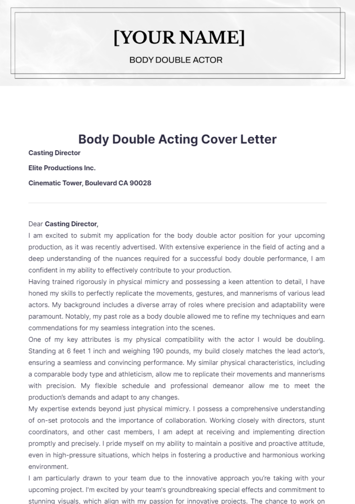 Body Double Acting Cover Letter - Edit Online & Download