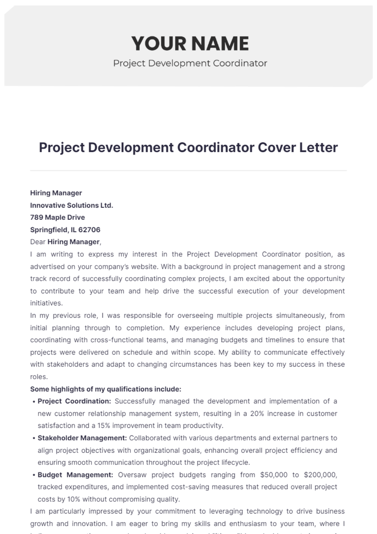 Project Development Coordinator Cover Letter - Edit Online & Download