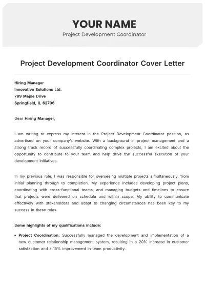 Free Project Development Coordinator Cover Letter to Edit Online