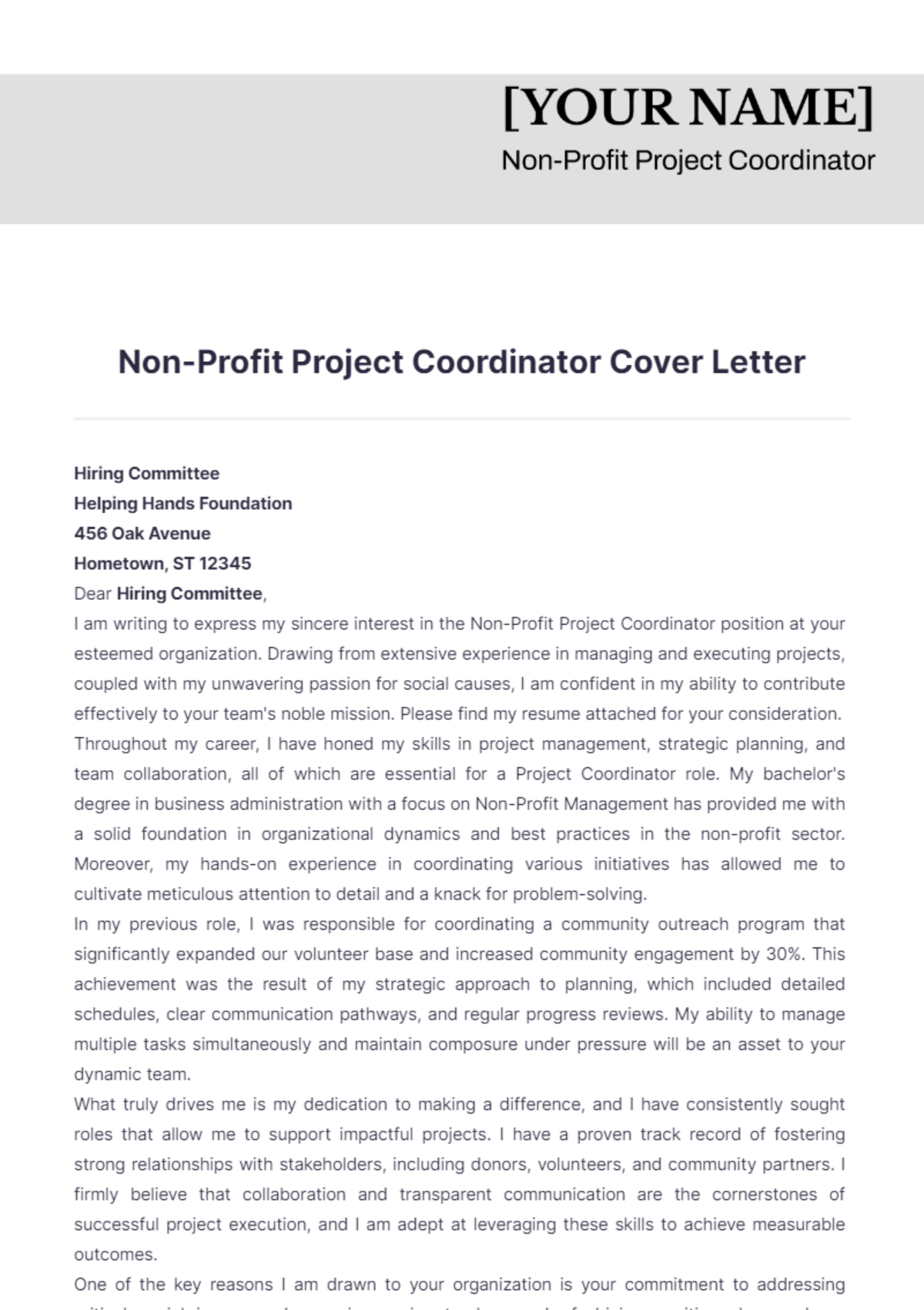 Non-Profit Project Coordinator Cover Letter - Edit Online & Download