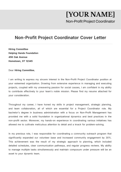 Free Non-Profit Project Coordinator Cover Letter to Edit Online