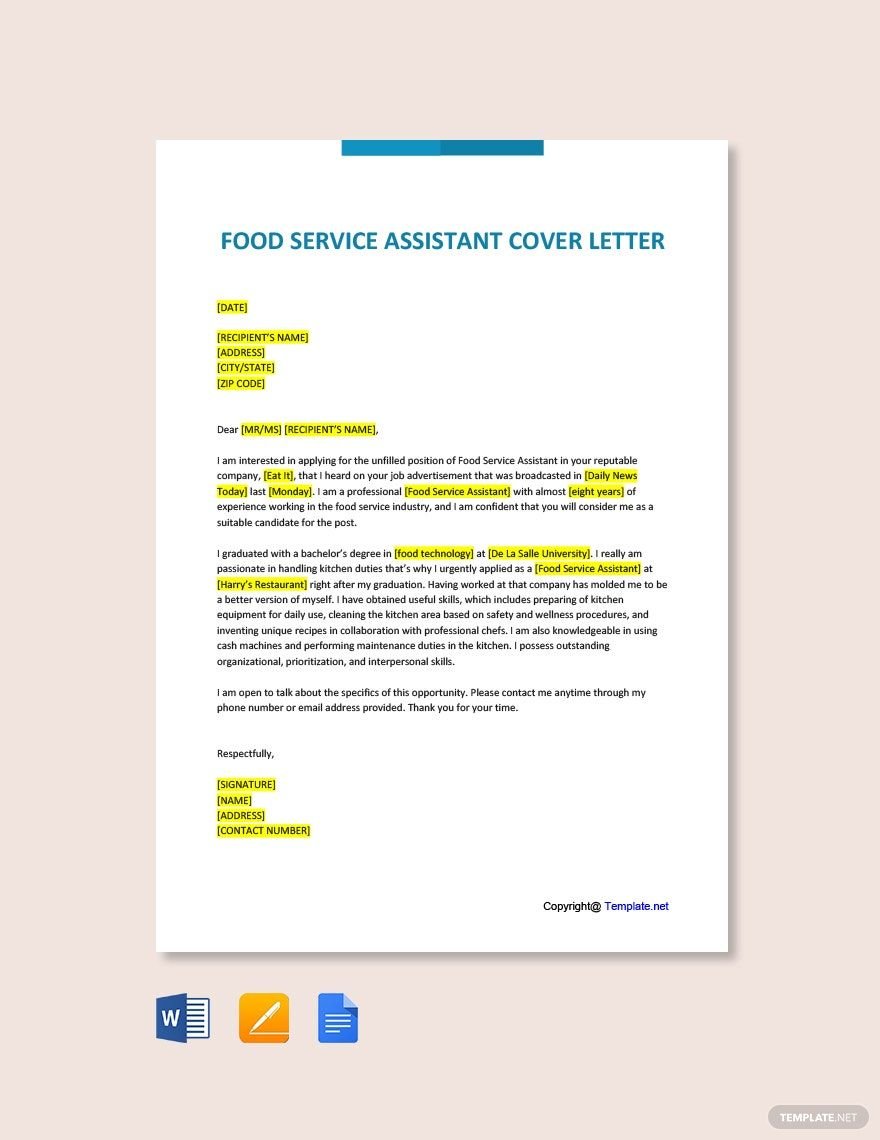 Free Food Service Assistant Cover Letter Template
