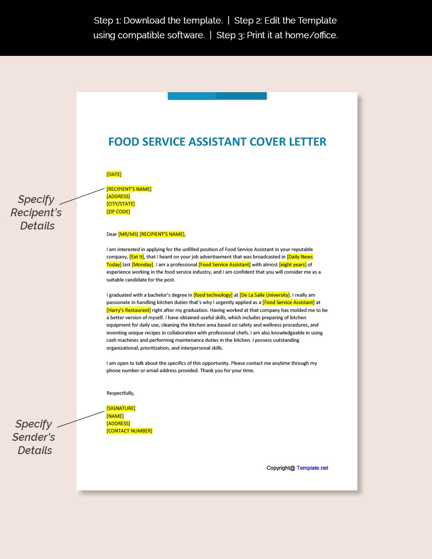 Food Service Assistant Cover Letter Template