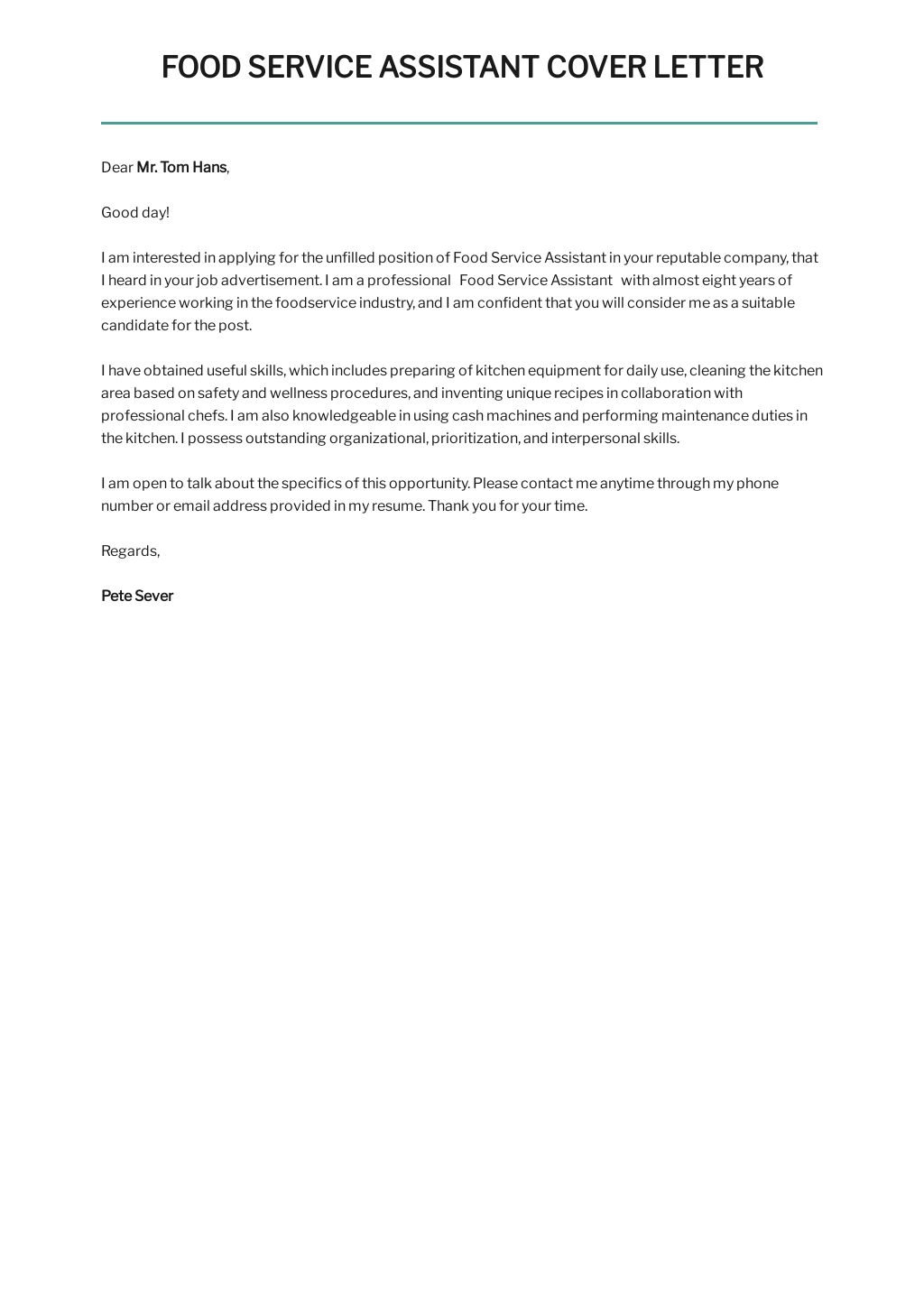 Free Food Service Assistant Cover Letter Template.jpe