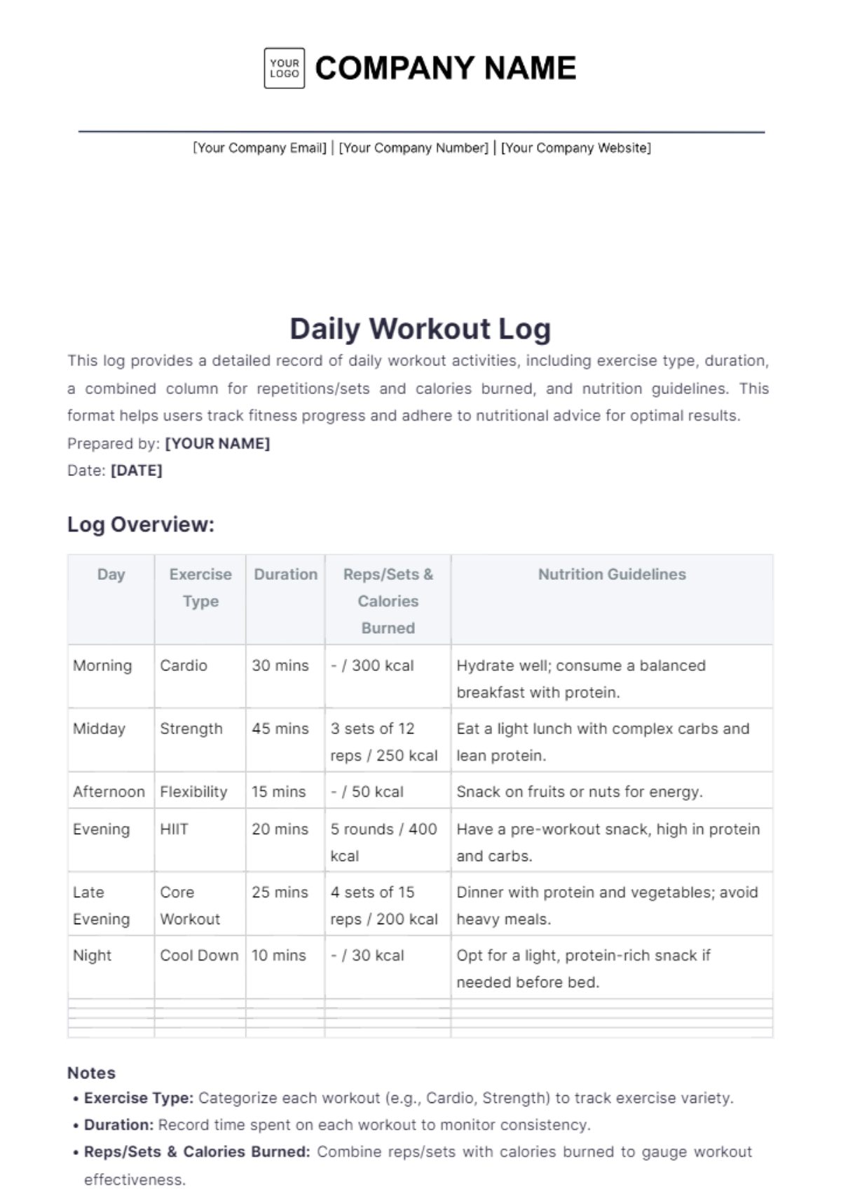 Daily Workout Log Template - Edit Online & Download