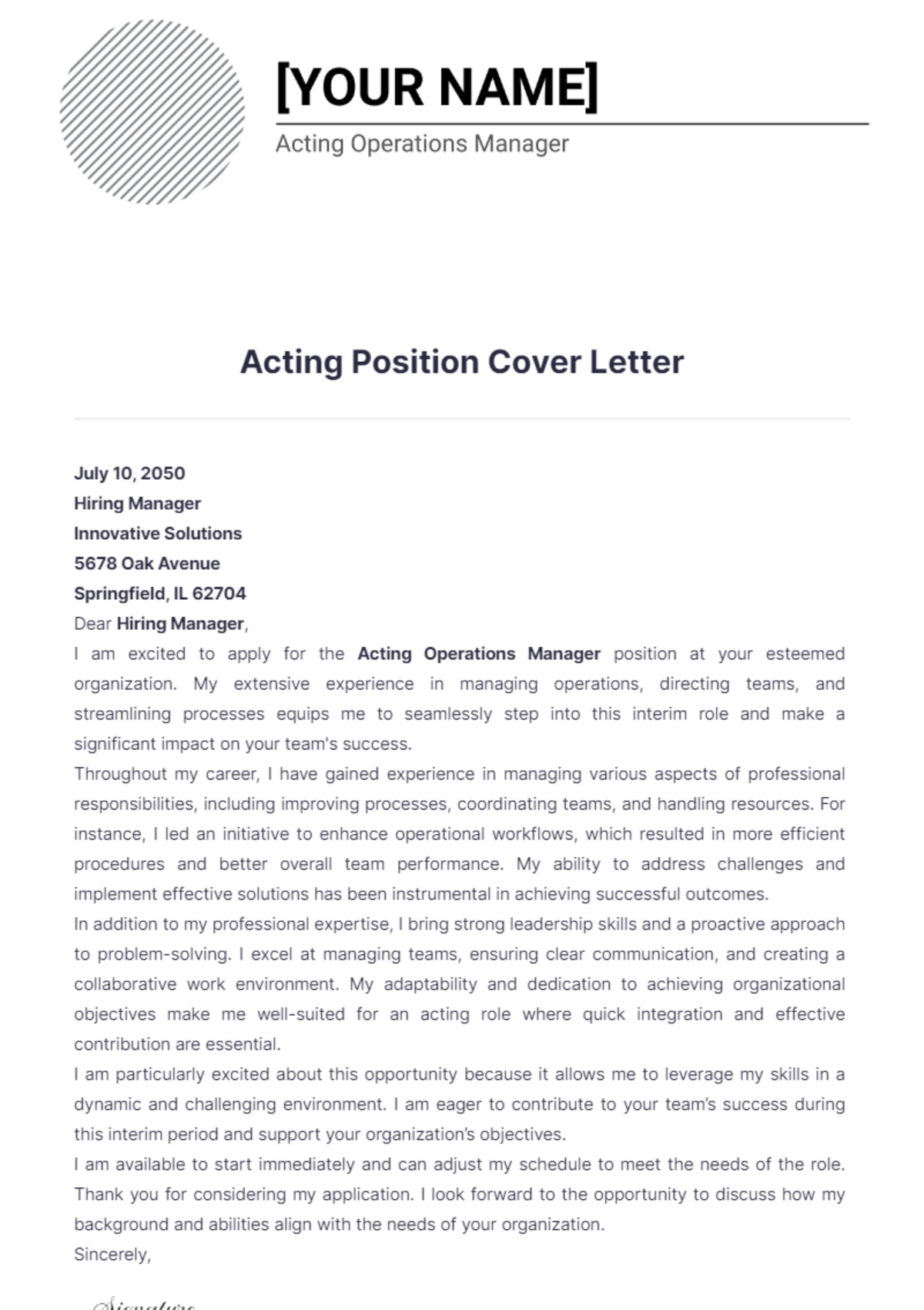 Acting Position Cover Letter - Edit Online & Download