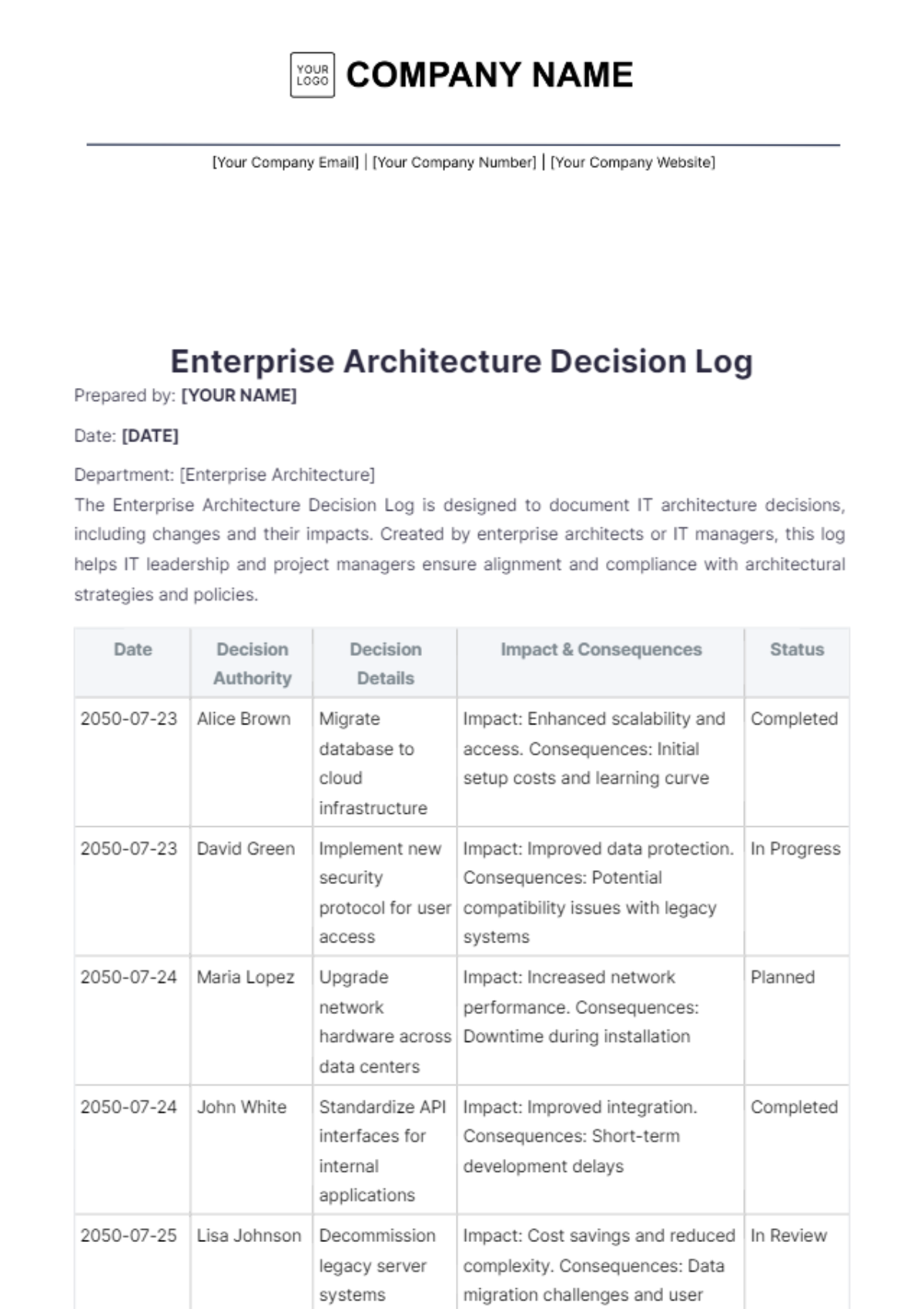 Enterprise Architecture Decision Log Template - Edit Online & Download