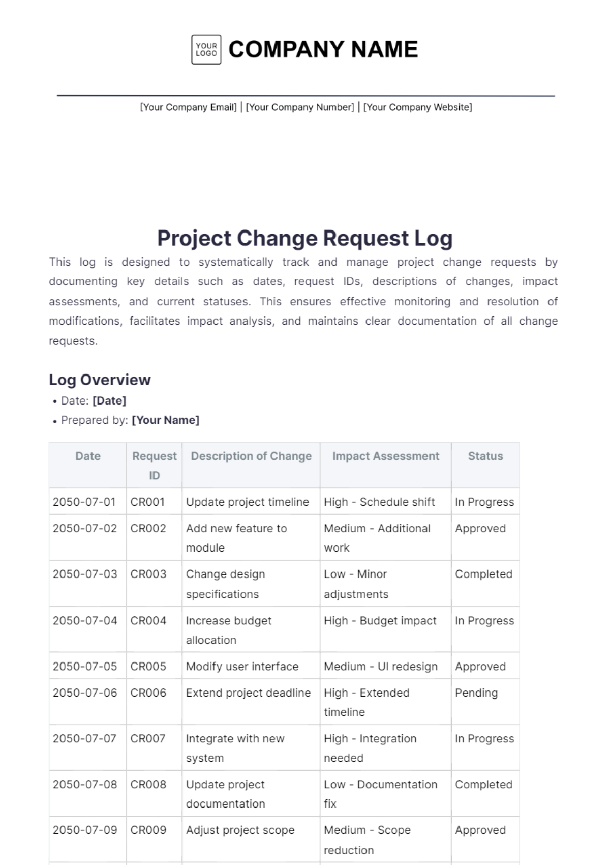 Project Change Request Log Template - Edit Online & Download