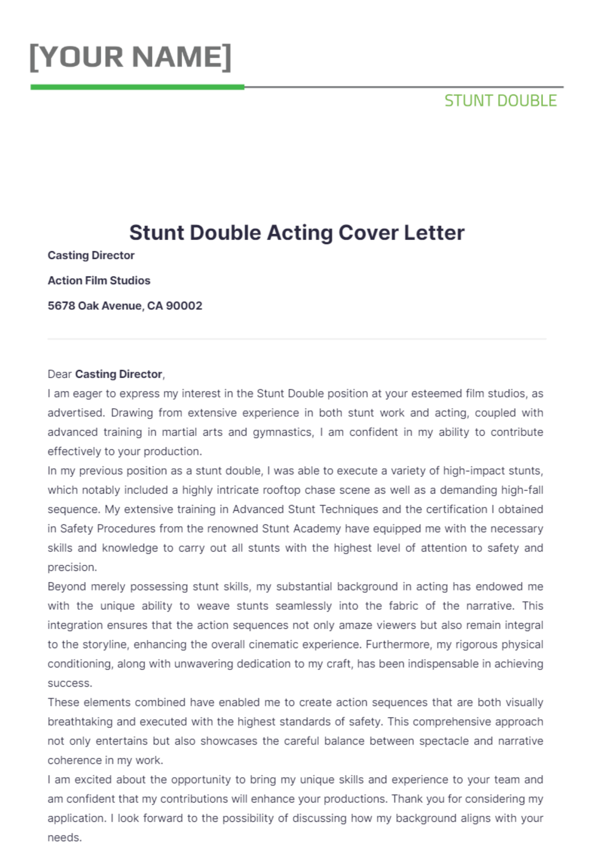 Stunt Double Acting Cover Letter - Edit Online & Download